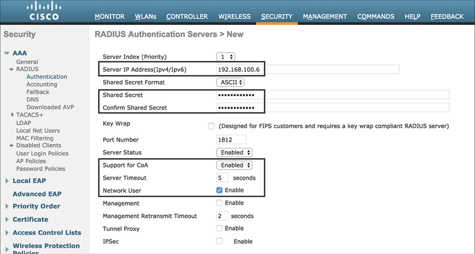 A screenshot of CISCO WLC shows how a new RADIUS authentication server is added.