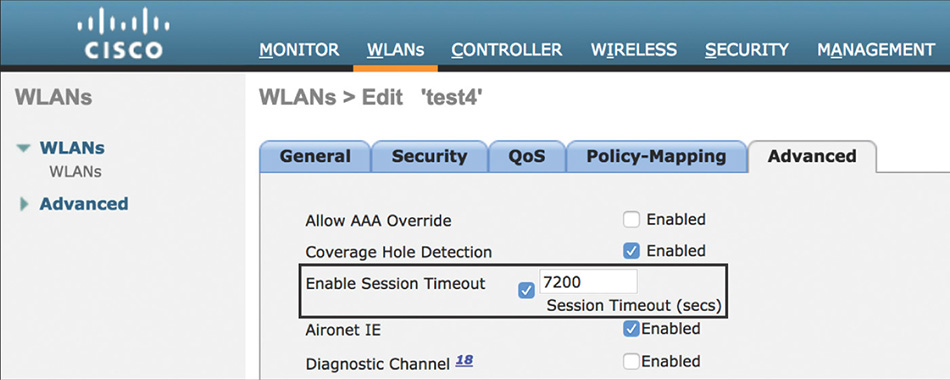 A screenshot of CISCO WLC shows the session timeout of WLAN.