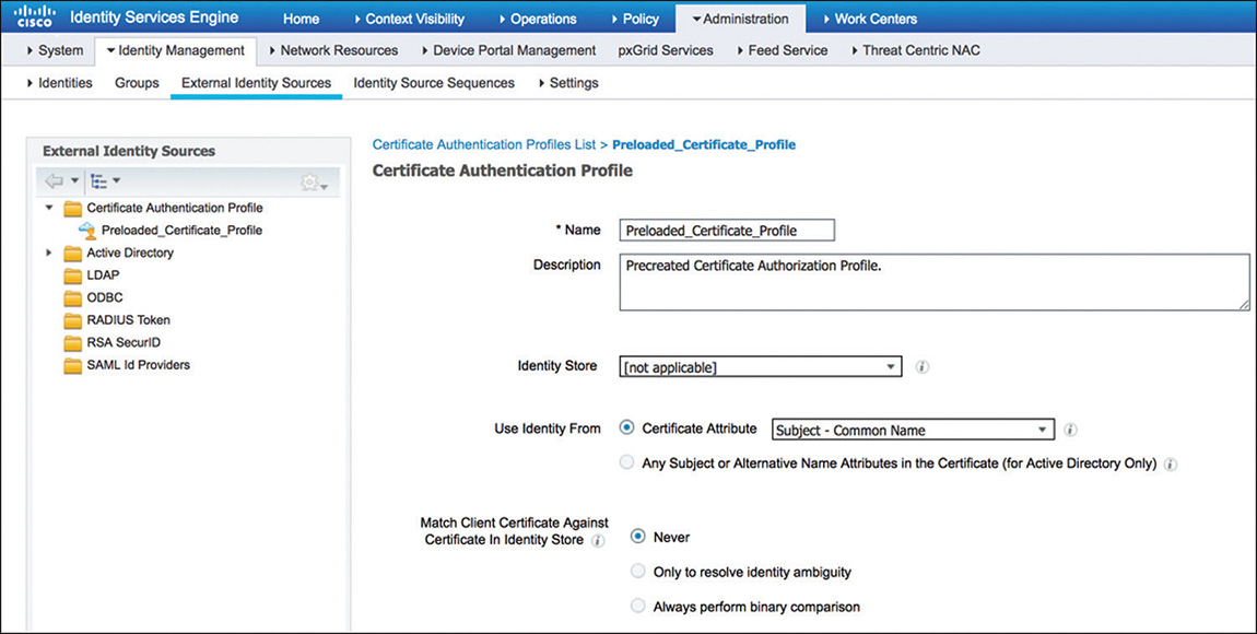 A screenshot of CISCO ISE shows the preconfigured certificate profile.