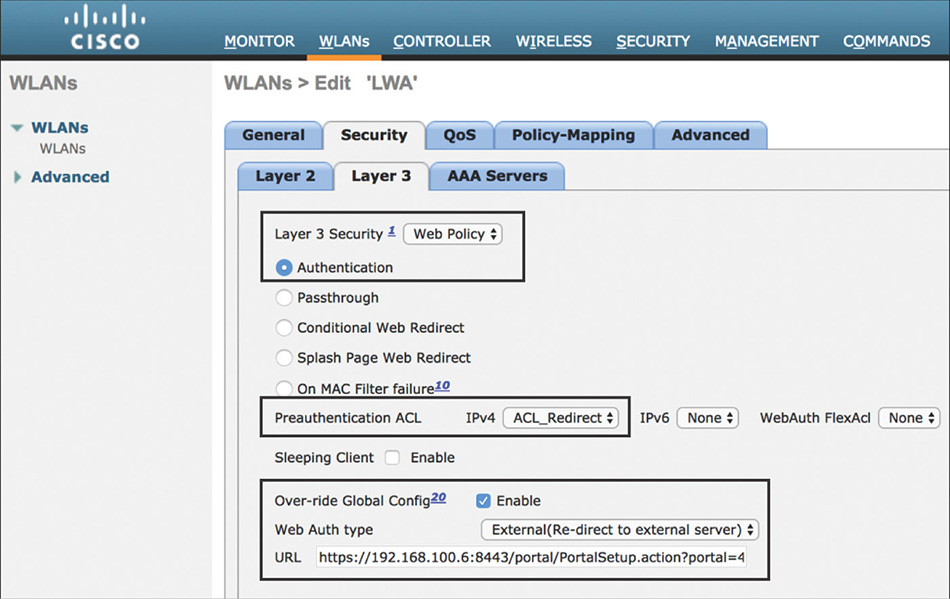 A screenshot of CISCO WLC shows the security in the third layer of web authentication.