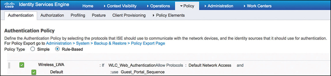 A screenshot of CISCO ISE shows the authentication policy of LWA.