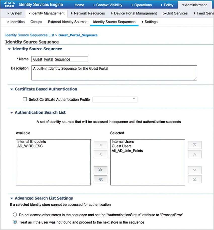 A screenshot of CISCO ISE shows the preconfigured guest identity source sequence.