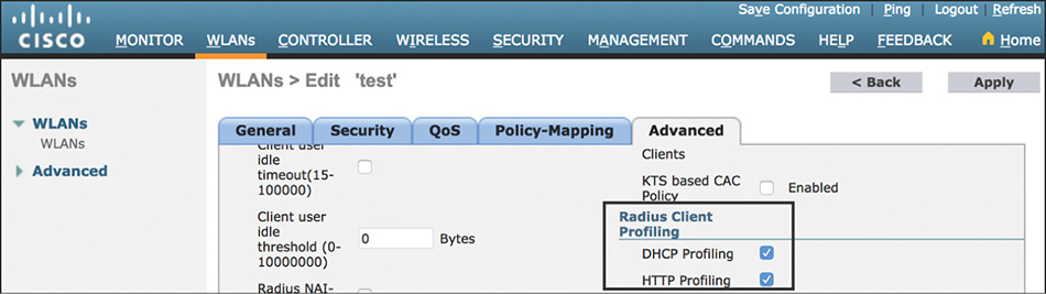 A screenshot of CISCO WLC shows the radius client profiling in WLC.