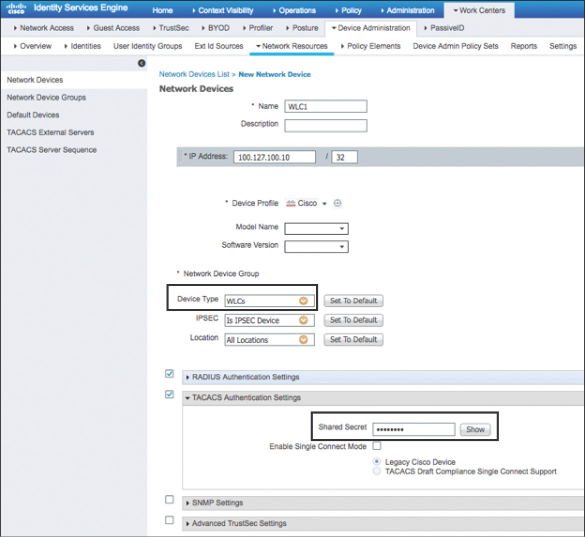 A screenshot of CISCO ISE shows the WLC and PI is added as the ISE network devices.