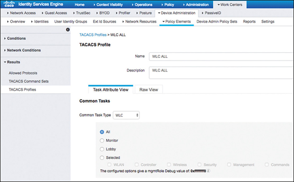 A screenshot of CISCO ISE shows the TACACS plus profile for WLCs.