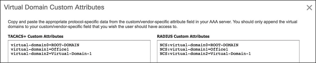 The screenshot of virtual domain custom attributes shows two boxes, one for TACACS plus custom attributes and the other for RADIUS custom attributes are shown.
