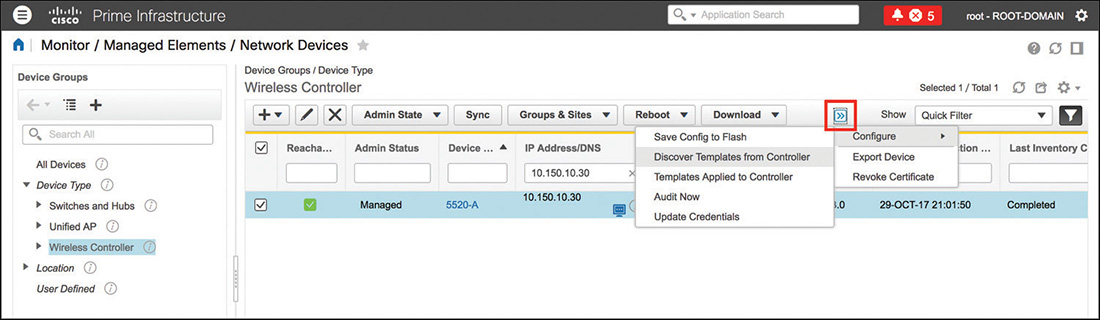 A screenshot of CISCO prime infrastructure shows the templates discovery option from WLC.