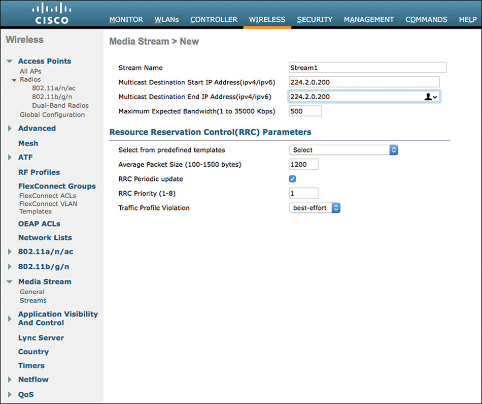 A screenshot shows a Cisco window for the media stream creation.