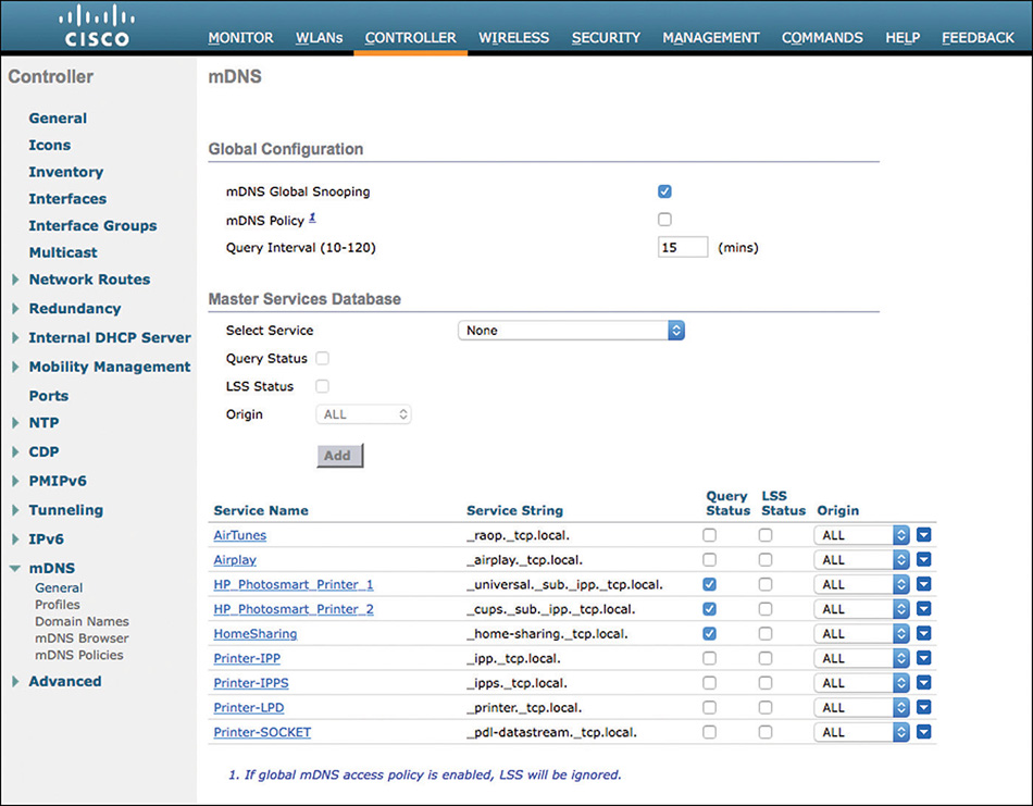 A screenshot shows a Cisco window for mDNS global configuration.