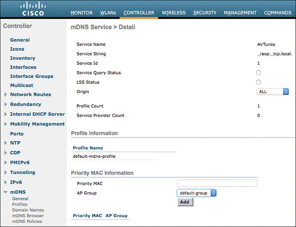 A screenshot shows a Cisco window for mDNS service page.