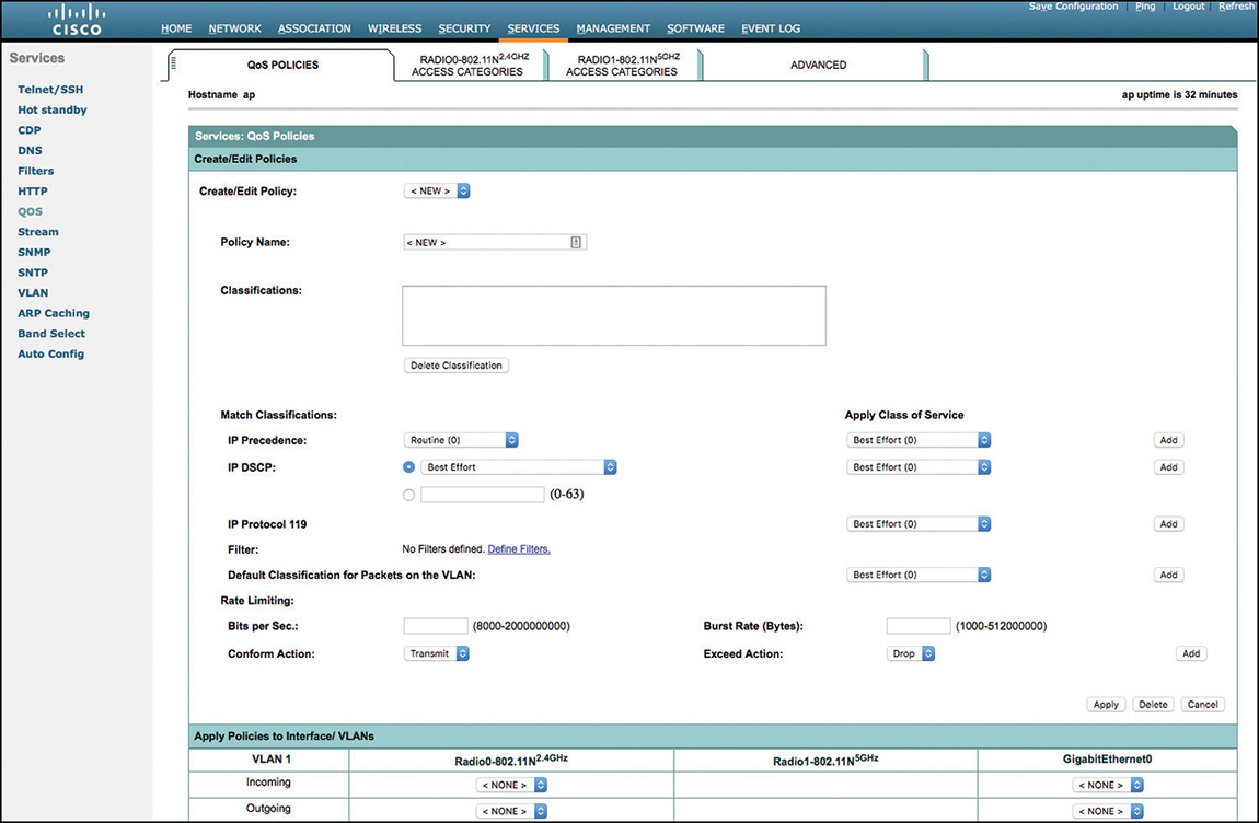 A snapshot shows the QoS policies page in the Cisco window.