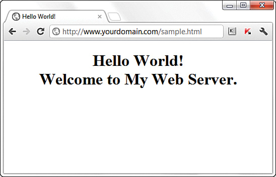A screenshot of the output rendered for the sample URL entered in a browser. The output shows the text "Hello World! Welcome to My Web Server." from the file sample.html.