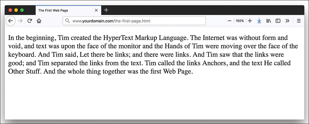 A screenshot shows a browser window titled "The first web page," with a body of the text.
