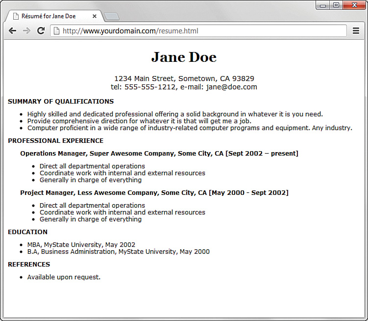 A screenshot shows the output of creating a basic resume using font styles.