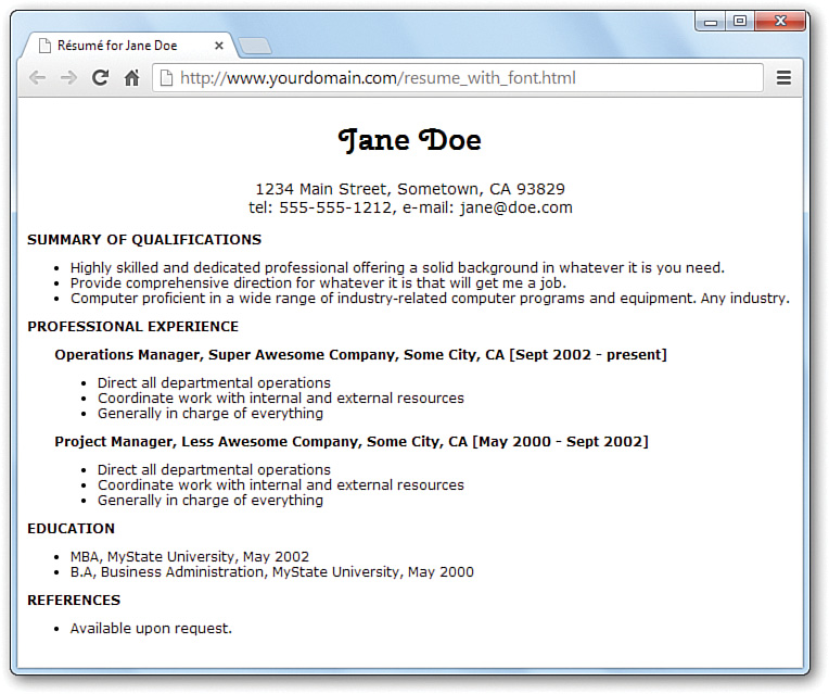 A screenshot shows the modified resume of Jane Doe, where the font of the heading is changed.