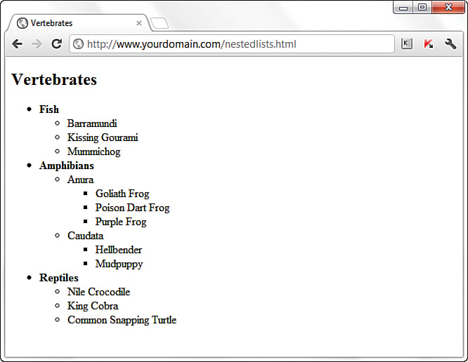 A screenshot shows indented and bulleted unordered lists in an HTML page.