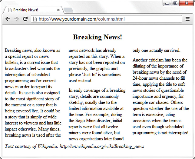 A screenshot shows a newspaper type layout generated using CSS columns. The text is displayed in three columns, readable from top to bottom, left to right.