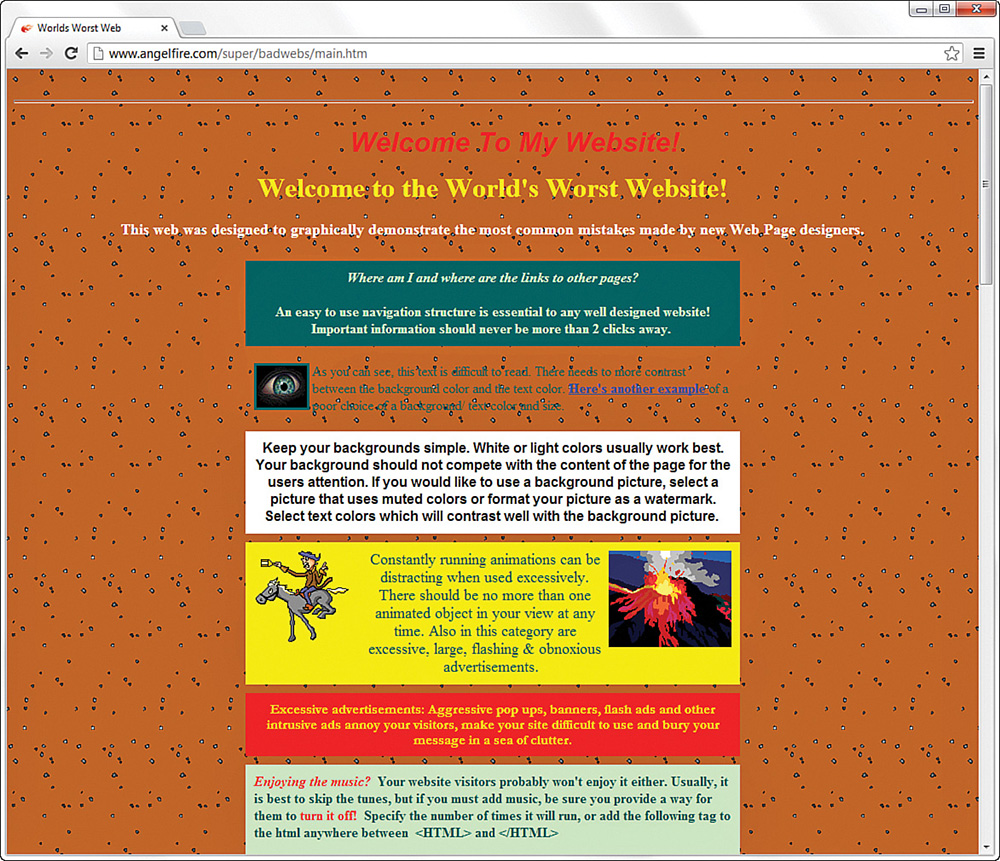 A screenshot displays the "Worlds Worst web" window that consists of links and website designs in color.