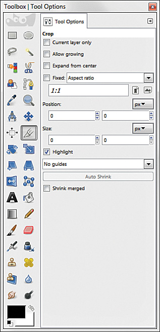 A screenshot shows the attributes for the cropping tool in the tool options dialog box.
