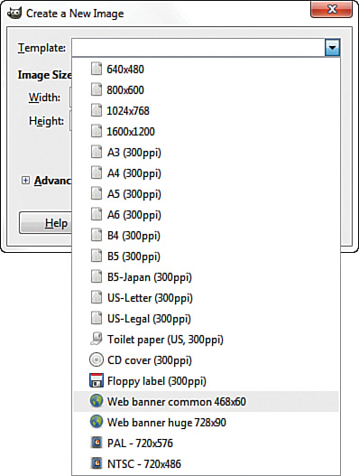 A screenshot displays the drop-down lists under "Templates" of the Create a New Image dialog box. The option, Web banner common 468 cross 60 is selected.