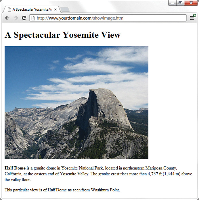 A screenshot shows a web browser displaying a JPG image of a granite dome, titled "A Spectacular Yosemite View." Following the image, is a short description.