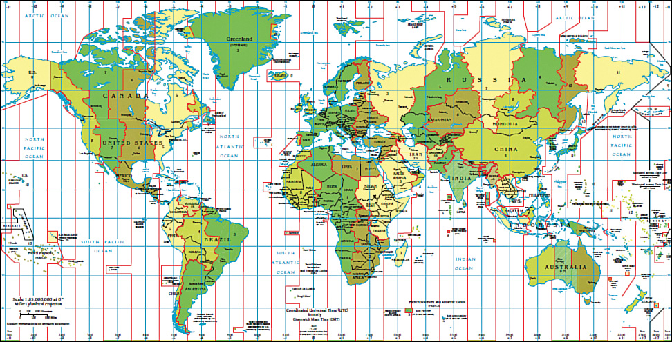 A world map marked with the different time zones around the globe. The time zones are indicated by vertical lines. They mark the boundary of each time zone across continents.