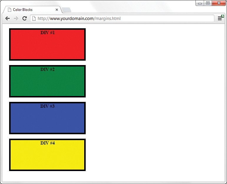 An output screen titled ‘Color Blocks’ shows four rectangular blocks, one below the other, with equally thick borders. The blocks are labeled from D I V number 1 to D I V number 4 and are shaded red, green, blue, and yellow, respectively.