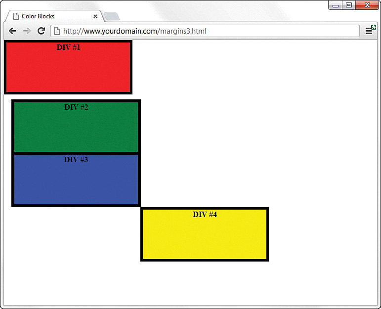 A screenshot of the color blocks displayed with the margin changed to allow 11 pixels for the border width.