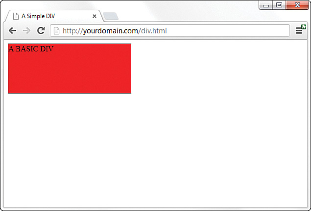 An output screen of a simple <div> tag displays a rectangular block at the top-left, shaded red and labeled, ‘A BASIC DIV.’