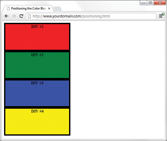 An output screen of the color blocks displayed one below the other such that their borders touch.