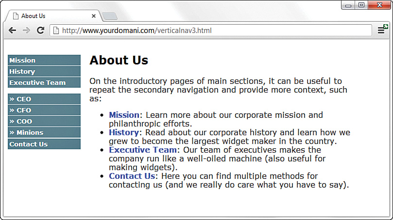 A screenshot shows the use of a nested navigation list. In this instance, four sub list items: CEO, CFO, COO, and Minions are present under the Executive Team list item on the left side of the web page. However, the hierarchy is not clearly represented. 