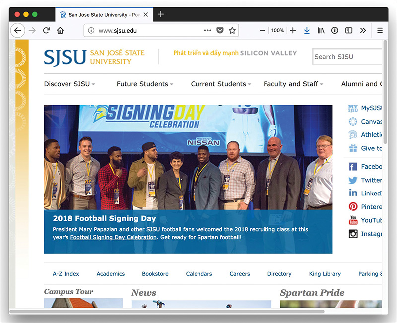 A screenshot shows the webpage of "San Jose State University" as a fixed-width example. A small portion of the page is cut off vertically on the right and it has a horizontal scrollbar at the bottom.