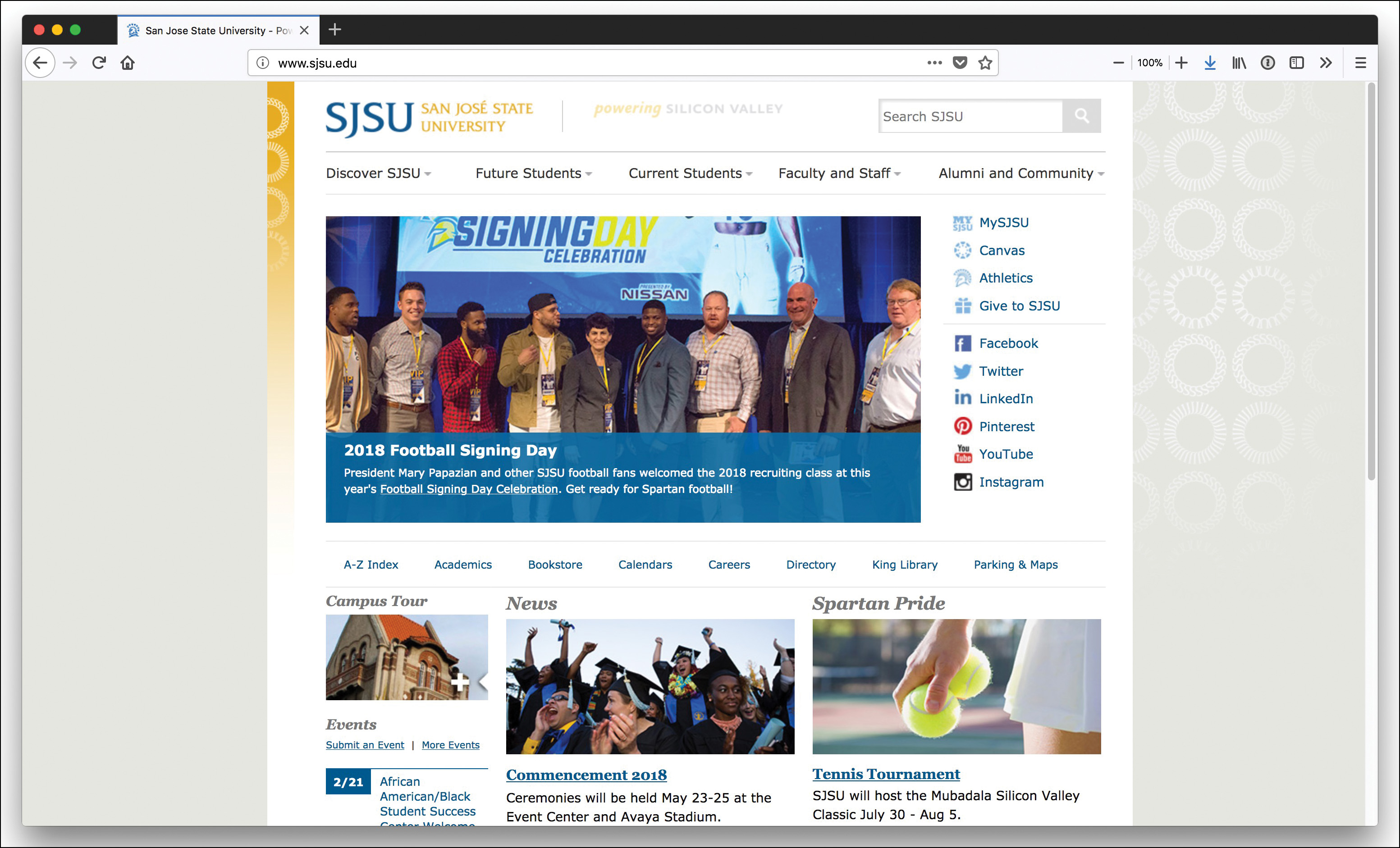 A screenshot of the "San Jose State University" webpage as an example of fixed-width viewed in a larger screen. The full webpage is now available for view, yet, there is space on the left and right of the webpage in the browser.