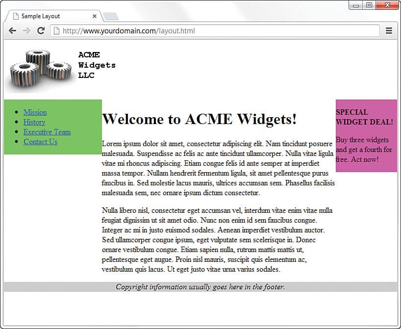 A screenshot shows a sample layout webpage with the body divided into three columns.