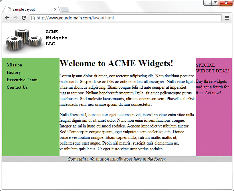 A screenshot shows the sample layout with fixed-width, liquid hybrid configuration. Now, the color highlighting the elements stops right above the Footer. The Footer marks the end of the page.