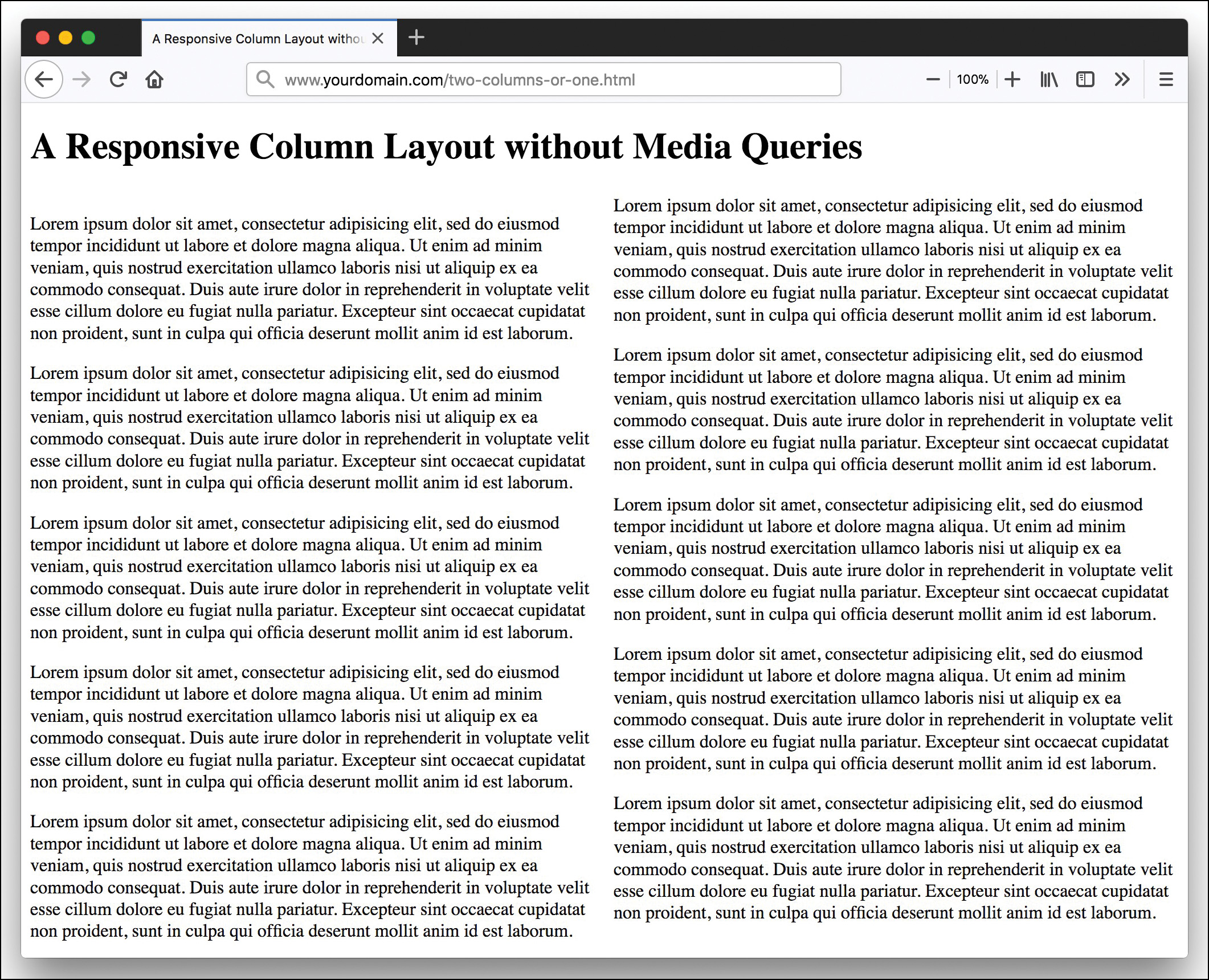 A screenshot shows text rendered as two columns in a browser with a bigger screen. The two columns of text occupy the entire browser window.