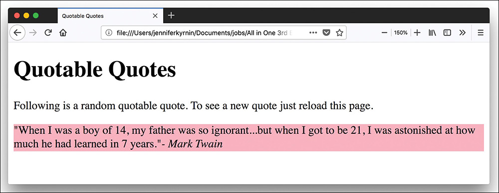 A screenshot of the Quotable quotes web page that reads a random quote at the bottom. The quote area is highlighted with a background color.