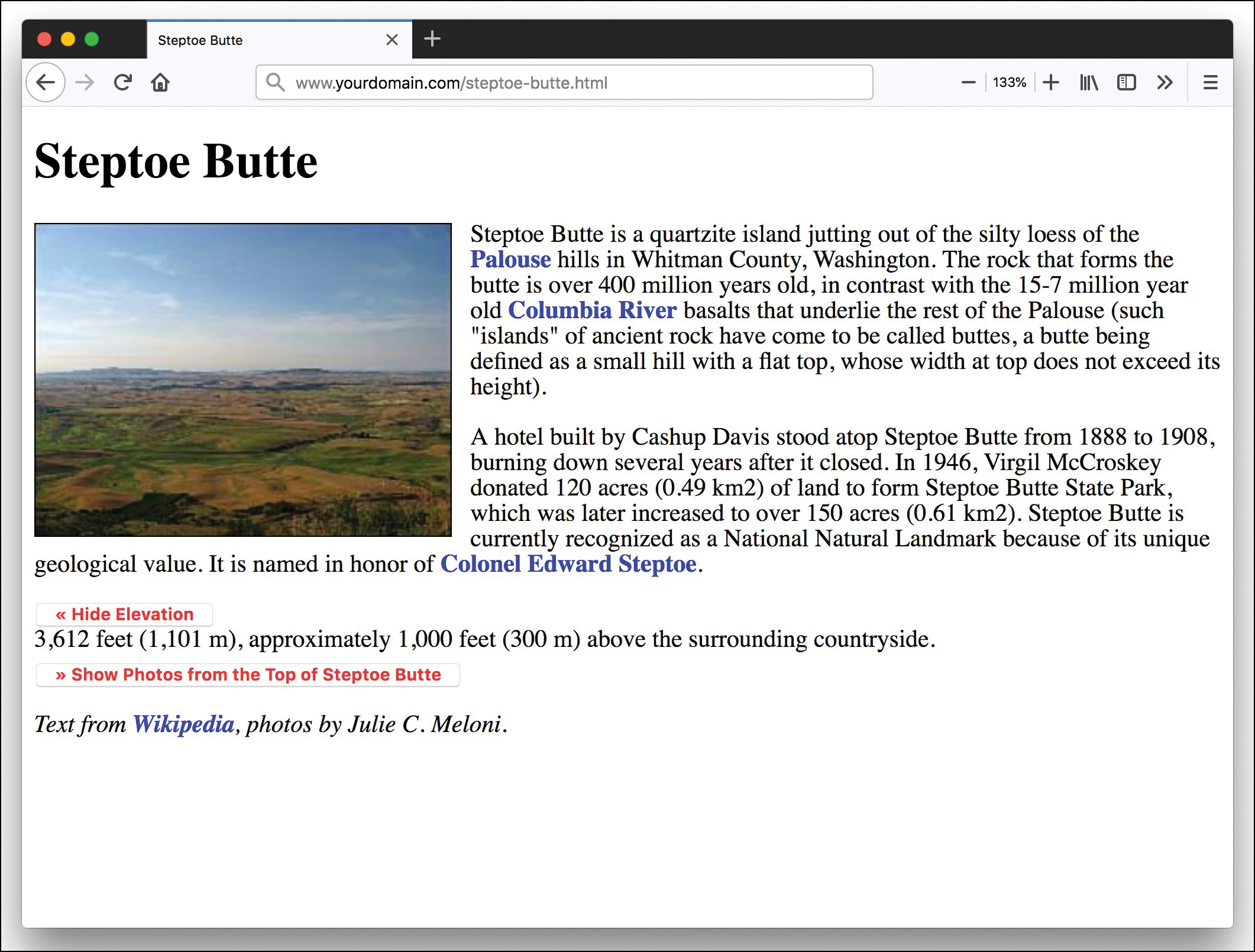 A screenshot of the Steptoe Butte is shown, where, the show elevation button is changed into Hide Elevation, and below the button, a text displays the elevation details.