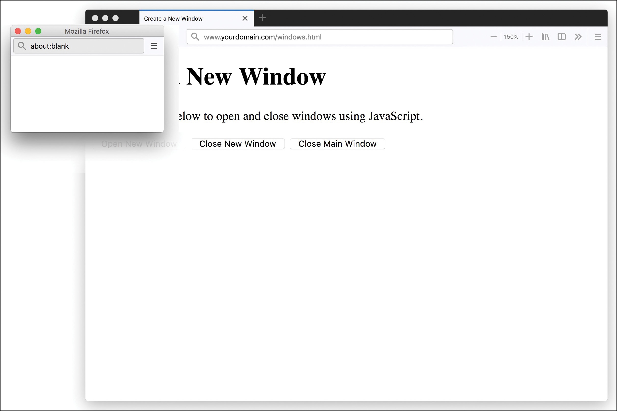 A screenshot illustrates the action of opening a new browser window by clicking a button in another window.