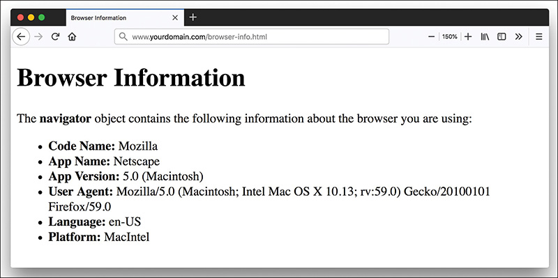 A screenshot of Firefox browser with the browser information script.