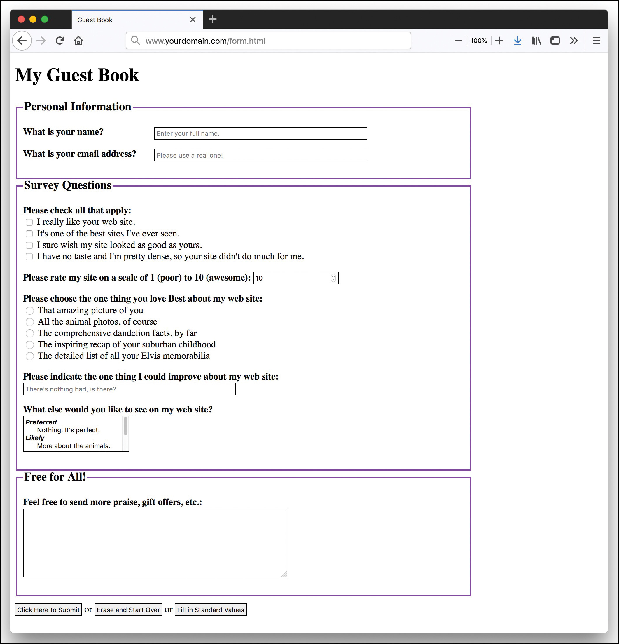 A screenshot of the Guest Book page that uses various user input components. The components are text fields, checkboxes, a spin box, a list box, and buttons.