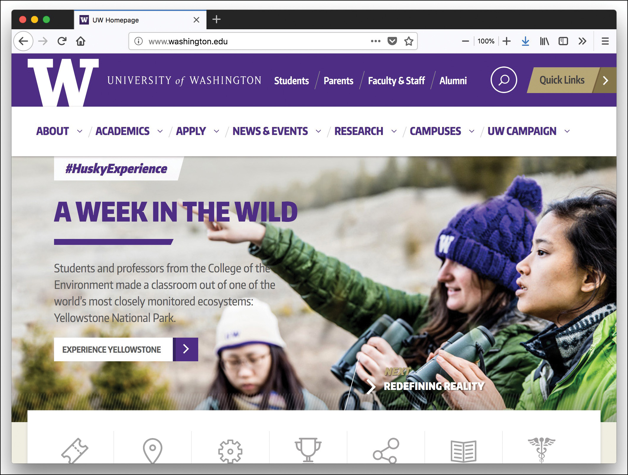 A screenshot of the Washington University main page.