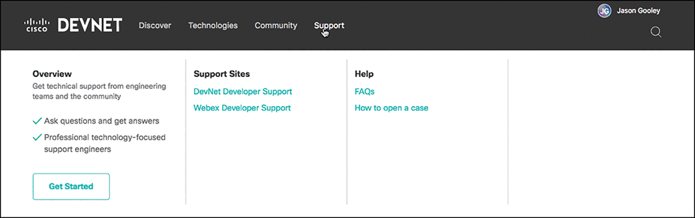 A screenshot displays the Devnet window, where the "Community" tab is selected. The community tab displays a list of options reading "Overview, communities of interest, community support, and blogs." "Get Started" button is displayed under the Overview section.