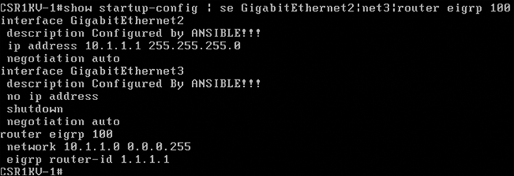 The output from the "show startup-config | se GigabitEthernet2|net3|router eigrp 100" command for the CSR1KV-1 router displays the details such as interface, description, IP address, negotiation type, and so on.