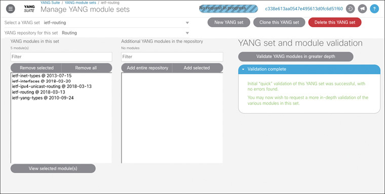 The manage YANG module sets page is shown.