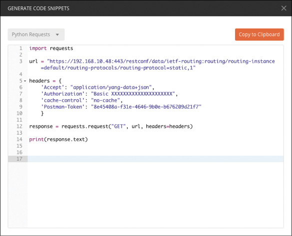 A screenshot of the Postman tool's Generate Code Snippets window, which displays Python code in the content pane. A copy to clipboard option is provided at the top right.