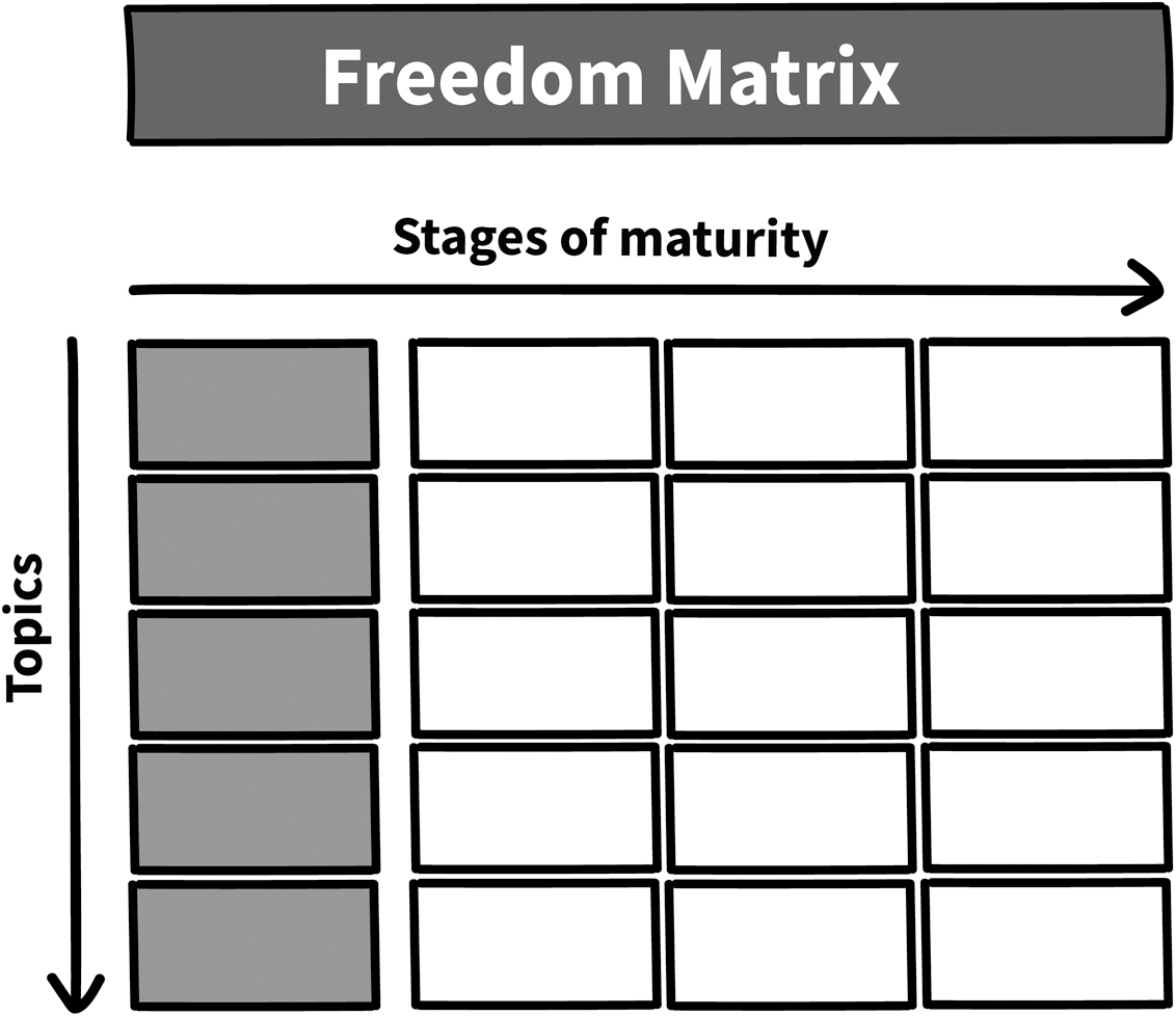 In the freedom matrix, the rows represent the topics and the columns represent the stages of maturity. The topics increase on going down, and the stages of maturity increase on going rightward.