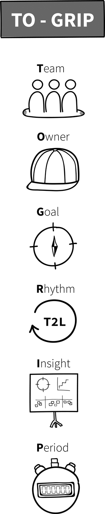A figure shows the six components of "TO-GRIP" as follows. Team, Owner, Goal, Rhythm, Insight, and Period."