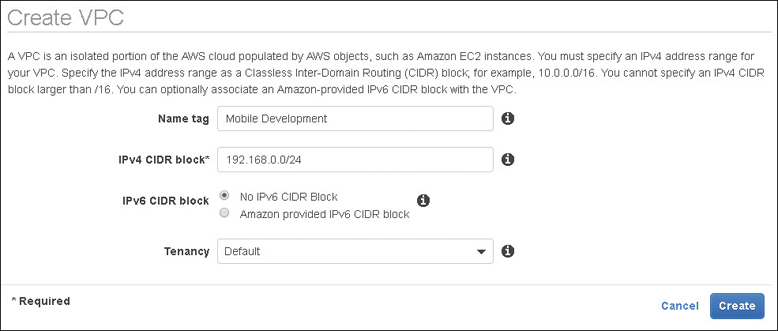 A create VPC wizard includes the following fields: name tag, IPv4 CIDR block, two radio buttons for choosing IPv6 CIDR block - No IPv6 CIDR block (selected) and Amazon provided IPv6 CIDR block, and a drop down list box for choosing tenancy.