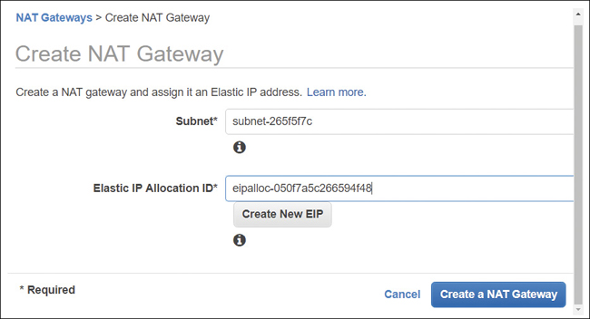 Creating a NAT gateway includes two required fields to be filled: subnet and an elastic IP allocation ID. There is option for creating new EIP. A NAT gateway can be either cancelled or created by selecting the cancel tab or create a NAT gateway tab.
